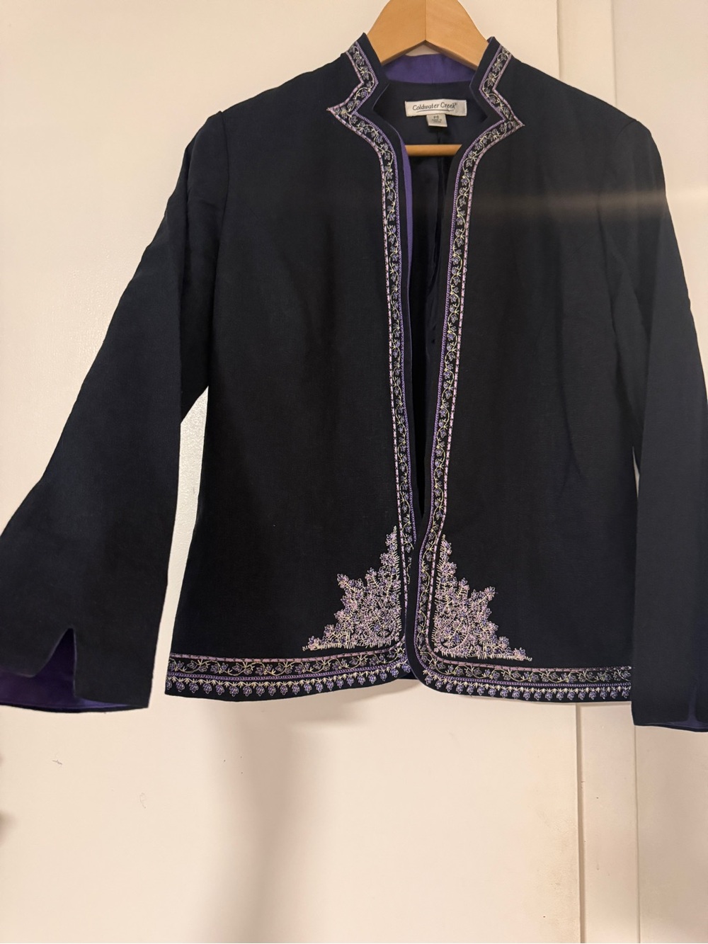 Coldwater Creek Black linen blend Jacket with Purple Embroidered Trim